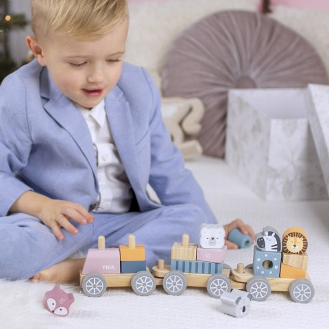 Viga Toys VIGA PolarB Drewniana Kolejka z wagonikami i zwierzątkami do ciągnięcia Montessori