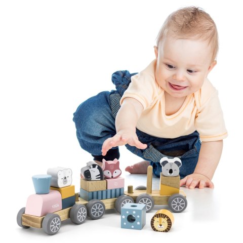 Viga Toys VIGA PolarB Drewniana Kolejka z wagonikami i zwierzątkami do ciągnięcia Montessori