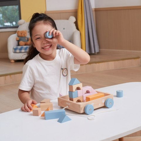 Viga Toys VIGA PolarB Drewniany Wózek do Ciągnięcia + Klocki 21 el.
