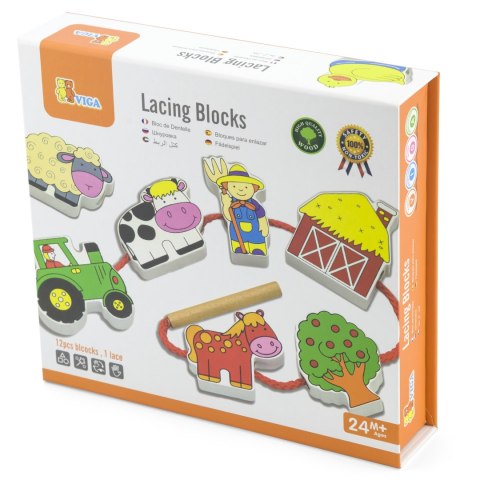 Viga Toys VIGA Drewniana Przeplatanka Klocki Farma do Nawlekania Montessori