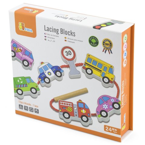 Viga Toys VIGA Drewniane Klocki Drewniane Przeplatanka Sznurowanka Samochody