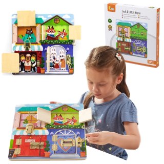Viga Toys VIGA Drewniana Tablica Manipulacyjna Otwieranie Zamków i Zatrzasków Domek Montessori