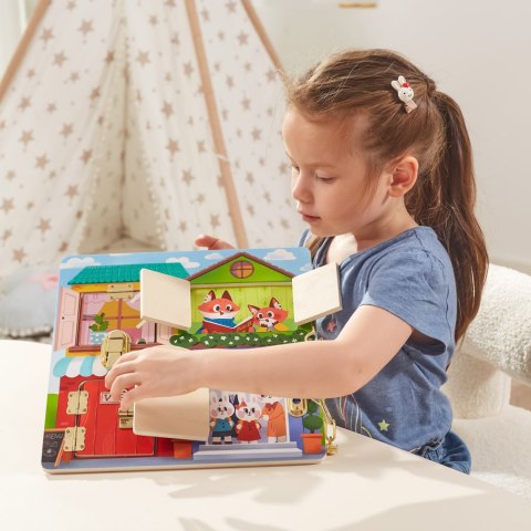 Viga Toys VIGA Drewniana Tablica Manipulacyjna Otwieranie Zamków i Zatrzasków Domek Montessori