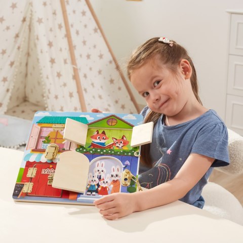 Viga Toys VIGA Drewniana Tablica Manipulacyjna Otwieranie Zamków i Zatrzasków Domek Montessori