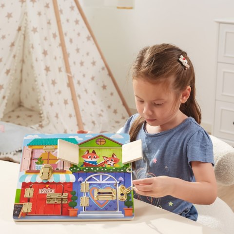 Viga Toys VIGA Drewniana Tablica Manipulacyjna Otwieranie Zamków i Zatrzasków Domek Montessori