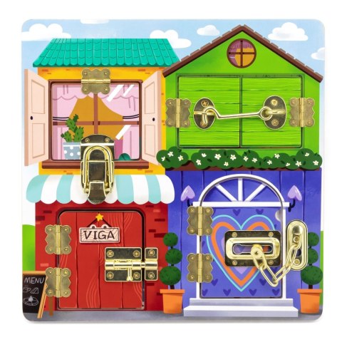 Viga Toys VIGA Drewniana Tablica Manipulacyjna Otwieranie Zamków i Zatrzasków Domek Montessori