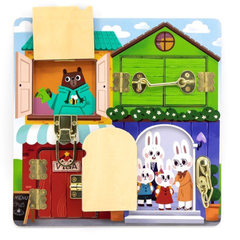 Viga Toys VIGA Drewniana Tablica Manipulacyjna Otwieranie Zamków i Zatrzasków Domek Montessori