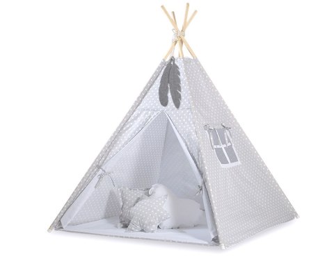 Namiot TIPI dla dzieci + mata + poduszki + zawieszki pióra - Białe grochy na szarym Bobono Namiot TIPI dla dzieci + mata + poduszki + zawieszki pióra - Białe grochy na szarym Bobono