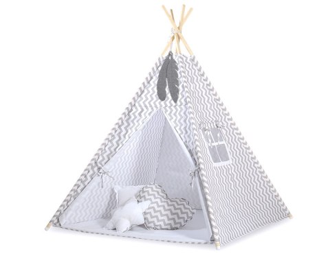 Namiot TIPI dla dzieci + mata + poduszki + zawieszki pióra - Chevron szary Bobono Namiot TIPI dla dzieci + mata + poduszki + zawieszki pióra - Chevron szary Bobono