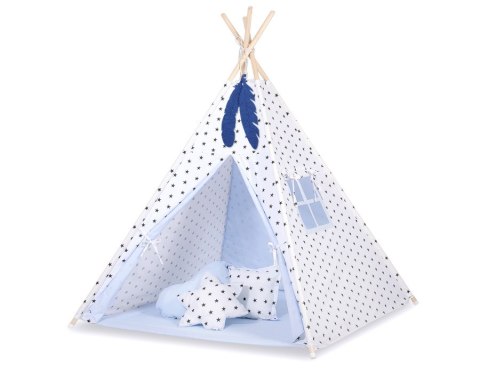 Namiot TIPI dla dzieci + mata + poduszki + zawieszki pióra - Czarne gwiazdki/niebieski Bobono Namiot TIPI dla dzieci + mata + poduszki + zawieszki pióra - Czarne gwiazdki/niebieski Bobono