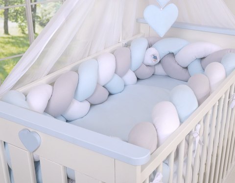 Ochraniacz warkocz pleciony do łóżeczka XXL - biało-szaro - niebieski My Sweet Baby