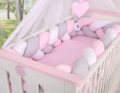 Ochraniacz warkocz pleciony do łóżeczka XXL - biało-szaro-różowy My Sweet Baby Ochraniacz warkocz pleciony do łóżeczka XXL - biało-szaro-różowy My Sweet Baby