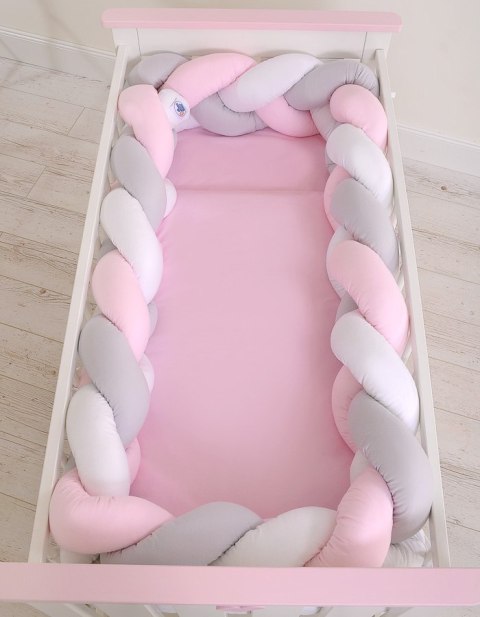Ochraniacz warkocz pleciony do łóżeczka XXL - biało-szaro-różowy My Sweet Baby Ochraniacz warkocz pleciony do łóżeczka XXL - biało-szaro-różowy My Sweet Baby