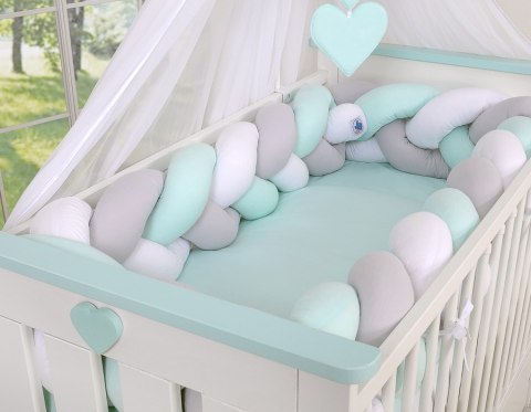 Ochraniacz warkocz pleciony do łóżeczka XXL - biało-szary - miętowy My Sweet Baby Ochraniacz warkocz pleciony do łóżeczka XXL - biało-szary - miętowy My Sweet Baby