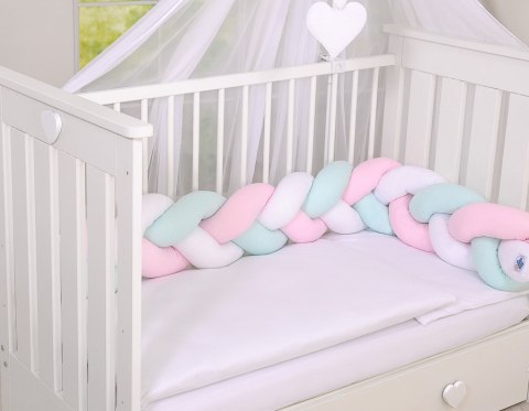 Ochraniacz warkocz pleciony do łóżeczka - biało- różowo-miętowy My Sweet Baby