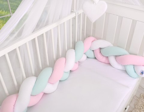Ochraniacz warkocz pleciony do łóżeczka - biało- różowo-miętowy My Sweet Baby