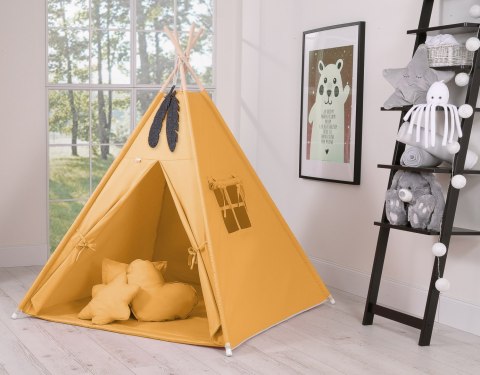 Namiot TIPI dla dzieci + mata + poduszki + zawieszki pióra - musztardowy Bobono Namiot TIPI dla dzieci + mata + poduszki + zawieszki pióra - musztardowy Bobono