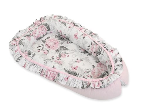 Kokon niemowlęcy kojec otulacz Premium z falbanką - Romantic peonies Kokon niemowlęcy kojec otulacz Premium z falbanką - Romantic peonies
