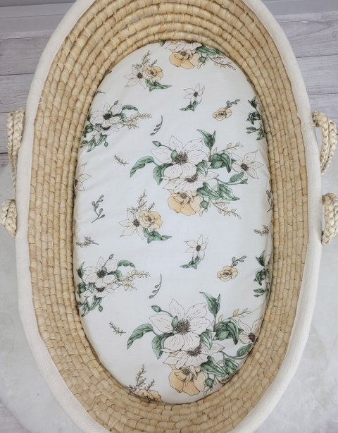 Prześcieradło bawełniane do kosza Mojżesza Boho wózka gondoli 75x35 cm - Clematis on beige Prześcieradło bawełniane do kosza Mojżesza Boho wózka gondoli 75x35 cm - Clematis on beige