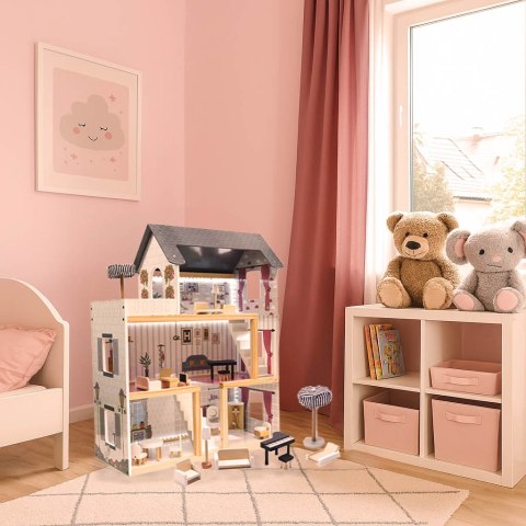 Domek dla lalek drewniany MDF mebelki 78cm czarny LED Domek dla lalek drewniany MDF mebelki 78cm czarny LED