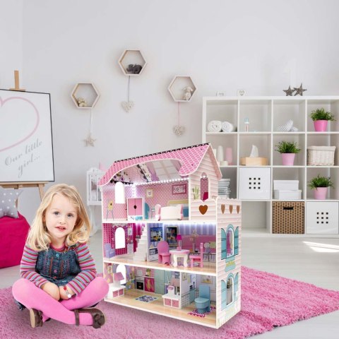 Domek dla lalek drewniany MDF mebelki 70cm różowy LED