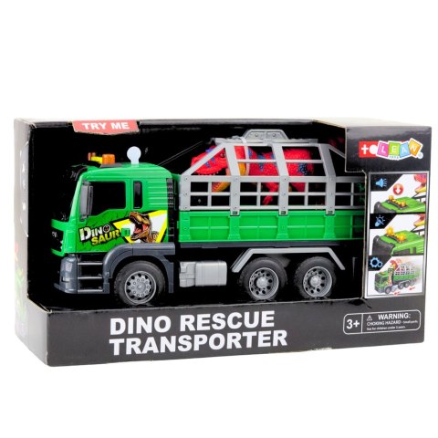 Ciężarówka Transport Dinozaurów Figurka Światła Dźwięki Zielona 1:10