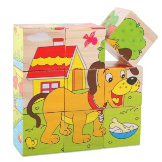 Drewniana Układanka Klocki Farma Puzzle Edukacyjne Zwierzęta 6 Obrazków