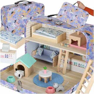Domek w walizce hotel spa dla zwierząt drewniane mebelki figurki