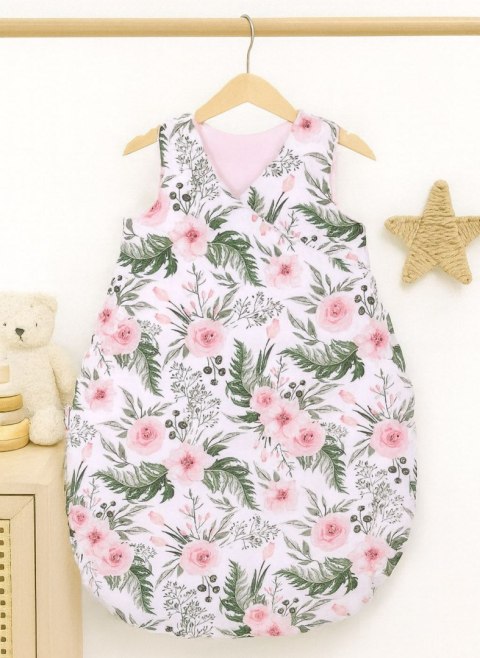 Śpiworek niemowlęcy całoroczny ocieplany 75 cm- peonie różowe Bobono