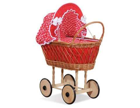 Wiklinowy wózek dla lalek wysoki ażurowy z czerwoną pościelką i wyściółką VERONICA - naturalny
