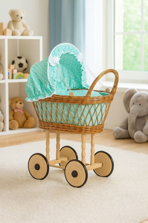 Wiklinowy wózek dla lalek wysoki ażurowy z miętową pościelką i wyściółką VERONICA - naturalny