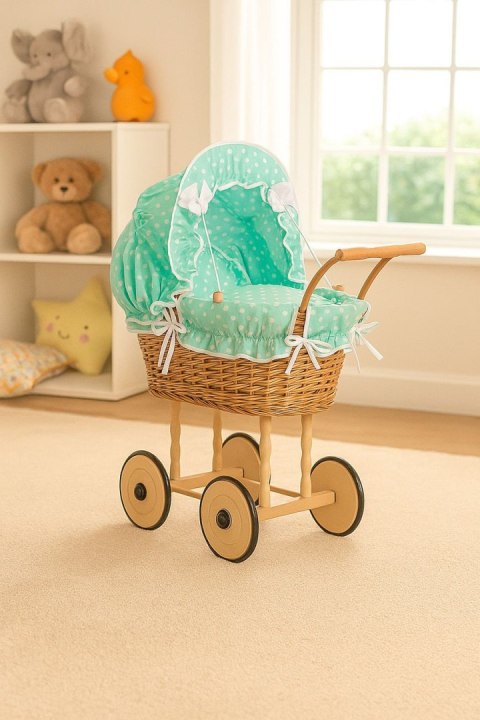 Wiklinowy wózek dla lalek wysoki z miętową pościelką i wyściółką NATALIA naturalny