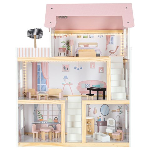 Domek dla lalek drewniany mebelki 78cm róż LED
