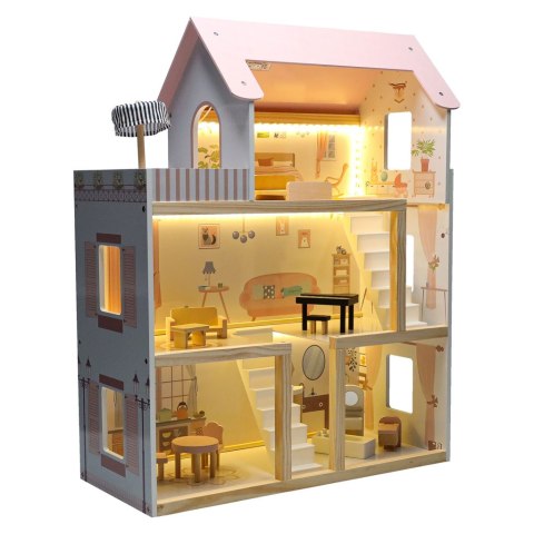 Domek dla lalek drewniany mebelki 78cm róż LED