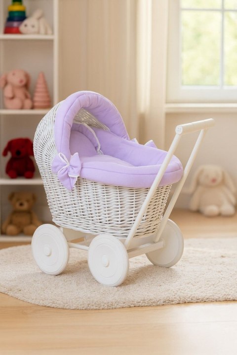 Wiklinowy wózek dla lalek pchacz biały z fioletową pościelką i miękką wyściółką STELLA