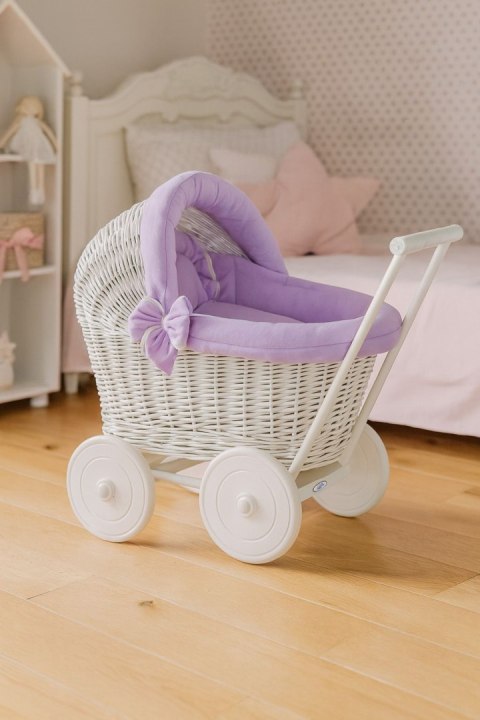 Wiklinowy wózek dla lalek pchacz biały z fioletową pościelką i miękką wyściółką STELLA