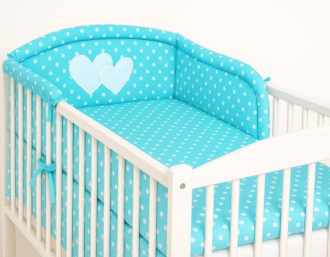 Ochraniacz do łóżeczka na szczebelki uniwersalny - Serduszka białe grochy na turkusie