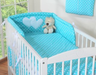 Ochraniacz do łóżeczka na szczebelki uniwersalny - Serduszka białe grochy na turkusie