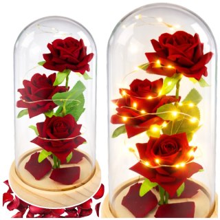Wieczne Róże W Szklanej Kopule Oświetlenie LED Czerwone 21,5 x 11 cm