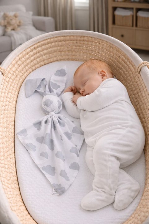 Miękka przytulanka DOUDOU kocyk króliczek z bawełny - Chmurki szare - szary