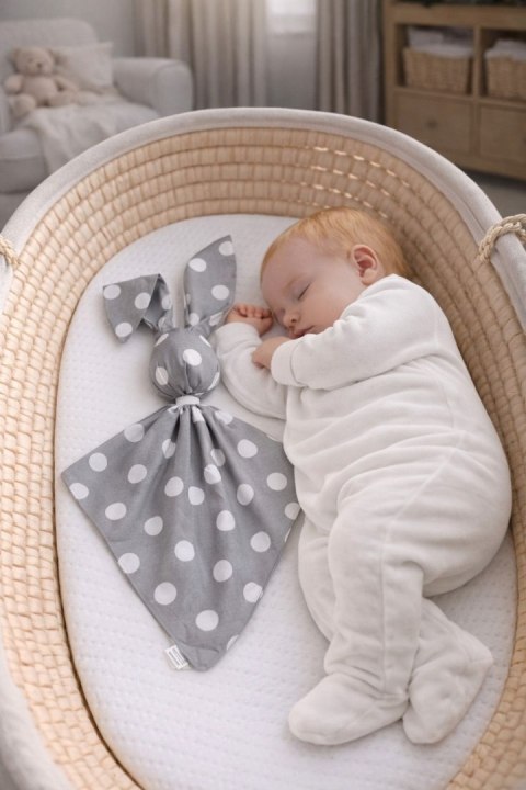 Miękka przytulanka DOUDOU kocyk króliczek z bawełny - Duże grochy na szarym