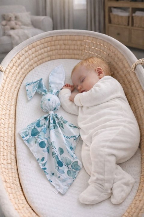 Miękka przytulanka DOUDOU kocyk króliczek z bawełny - Eucaliptus mint - biały