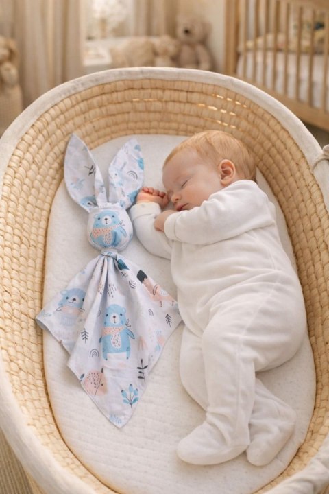 Miękka przytulanka DOUDOU kocyk króliczek z bawełny - Misie niebieskie