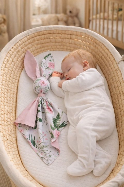 Miękka przytulanka DOUDOU kocyk króliczek z bawełny - Peonie różowe - róż