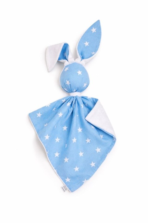 Zając przytulanka DOUDOU dwustronna bawełna i minky - Gwiazdki niebieskie - biały