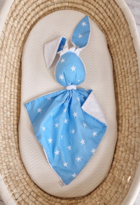 Zając przytulanka DOUDOU dwustronna bawełna i minky - Gwiazdki niebieskie - biały