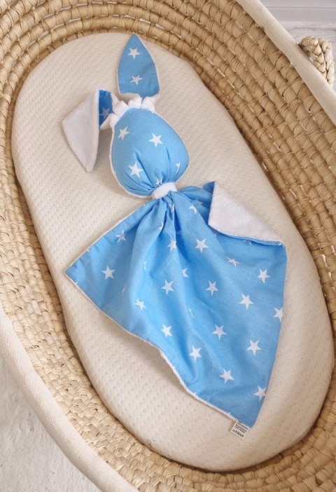 Zając przytulanka DOUDOU dwustronna bawełna i minky - Gwiazdki niebieskie - biały