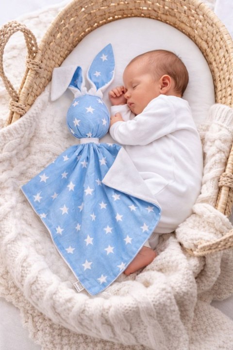 Zając przytulanka DOUDOU dwustronna bawełna i minky - Gwiazdki niebieskie - biały