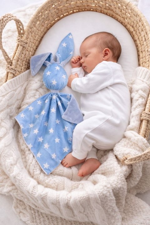 Zając przytulanka DOUDOU dwustronna bawełna i minky - Gwiazdki niebieskie - niebieski