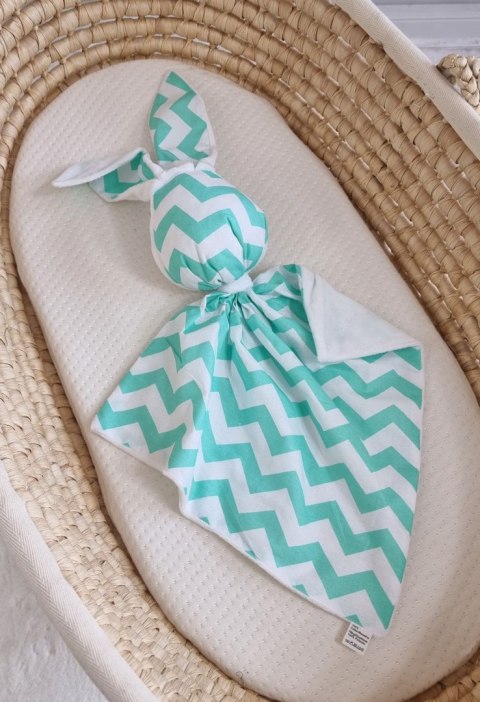Zając przytulanka DOUDOU dwustronna bawełna i minky - Chevron miętowy - biały